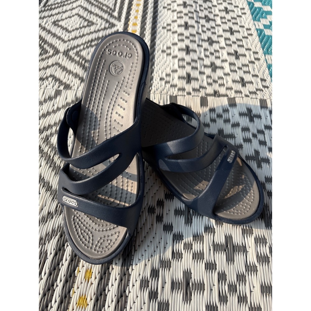 Crocs Patricia Wedge Sandals Navy Blue Grey Strappy Slip On Womens 6 - Picture 1 of 9